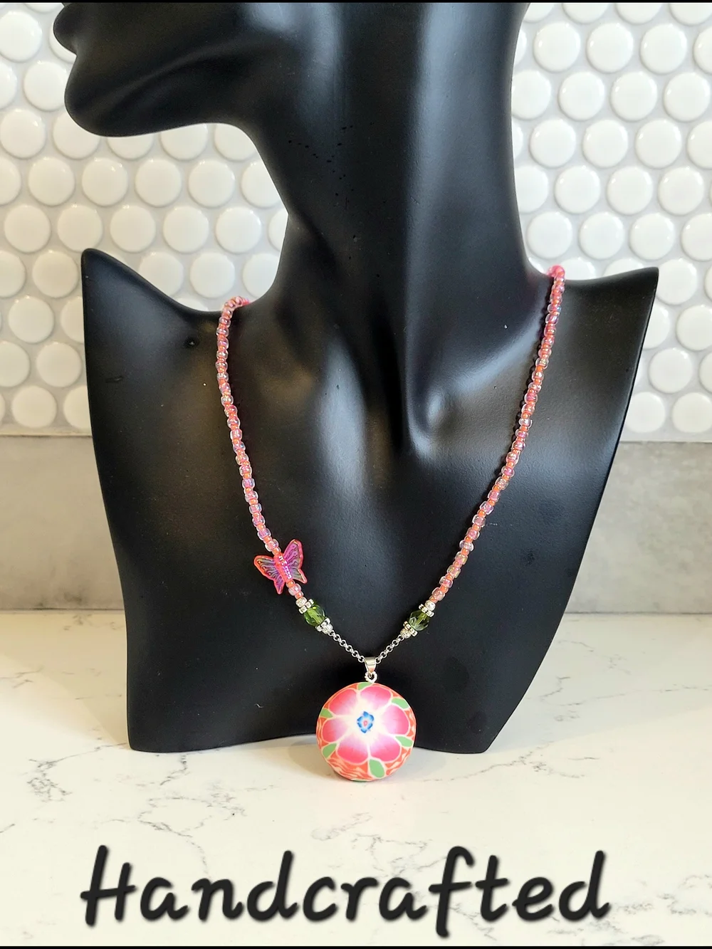 Hand Crafted Pink Beaded Necklace with Butterfly Charm and Floral Pendant - Picture 4 of 4